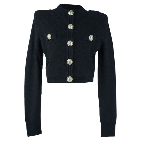 Balmain Black Cropped Padded Jacket with Golden Buttons